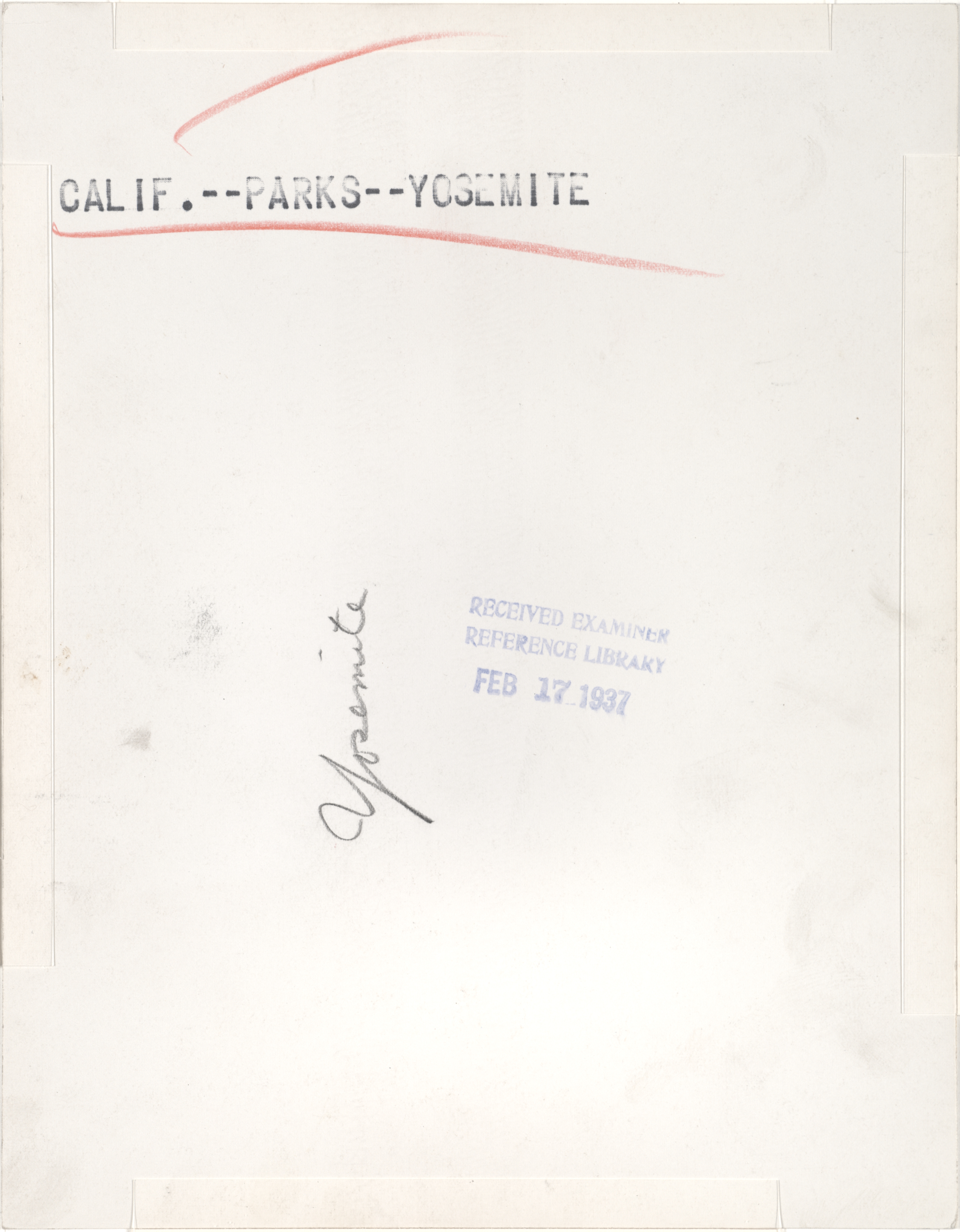 Verso — San Francisco Examiner reference-library and Yosemite park stamps